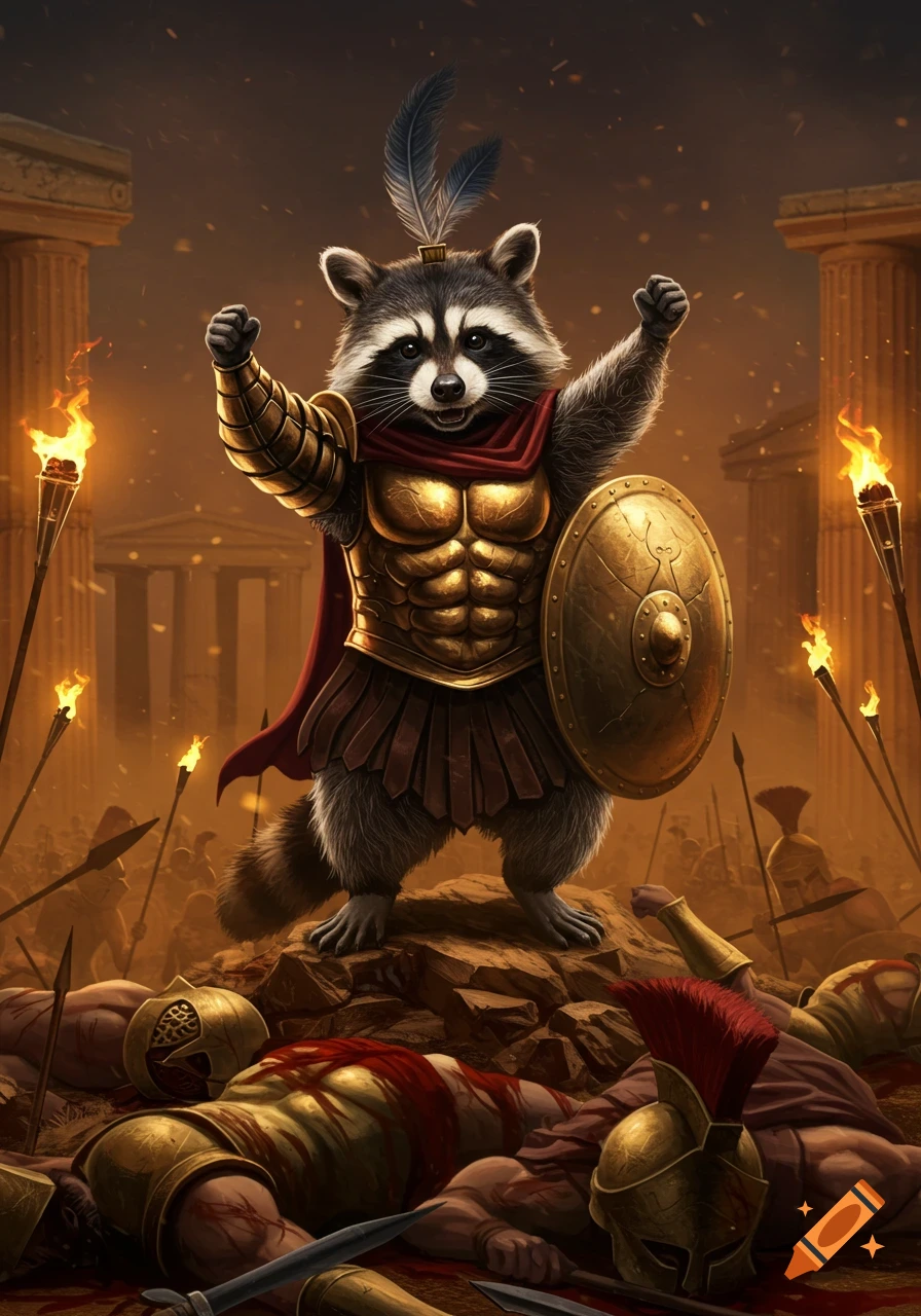 A victorious raccoon gladiator stands on a pile of defeated Spartan soldiers amidst ancient ruins and torches.
