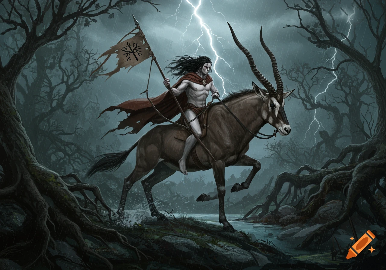 A shirtless man with long dark hair, a red cape, and a banner rides an antelope through a stormy, dark forest with lightning.
