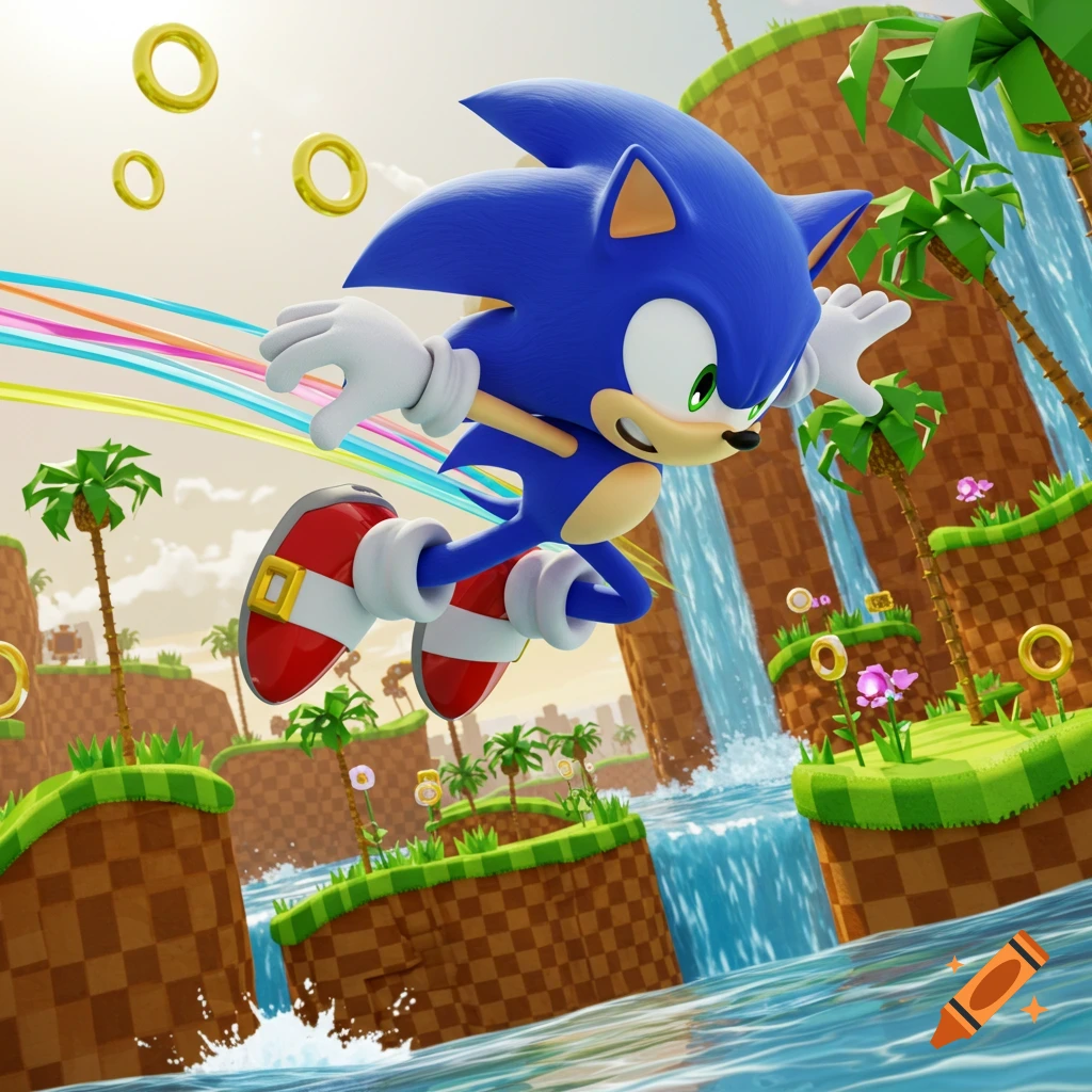 Sonic the Hedgehog leaps over water in a vibrant, stylized Green Hill Zone environment with golden rings and waterfalls.