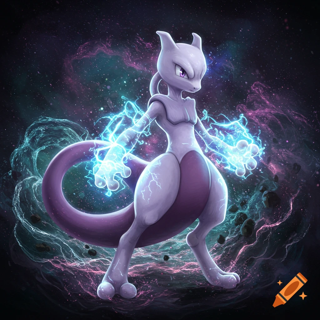 Mewtwo stands powerfully with glowing blue energy emanating from its hands, set against a vibrant purple and blue cosmic nebula background.