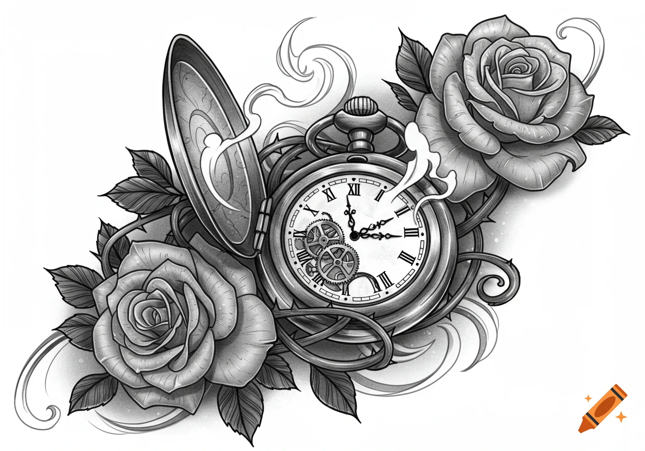 Black and white tattoo design of an open pocket watch with Roman numerals, surrounded by roses, leaves, and thorny vines, with swirling smoke.