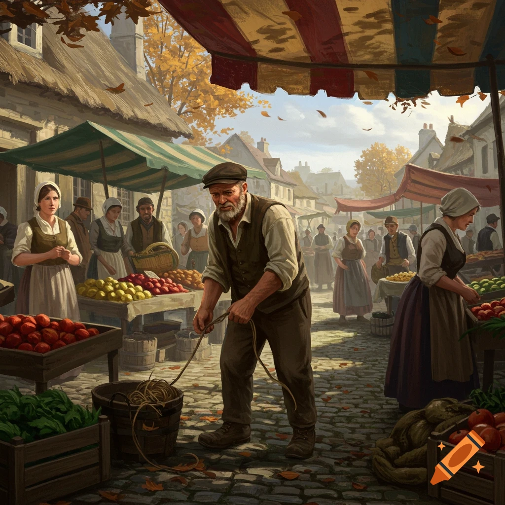 A man pulls a rope from a bucket in a bustling historical outdoor marketplace, surrounded by vendors and produce stalls.