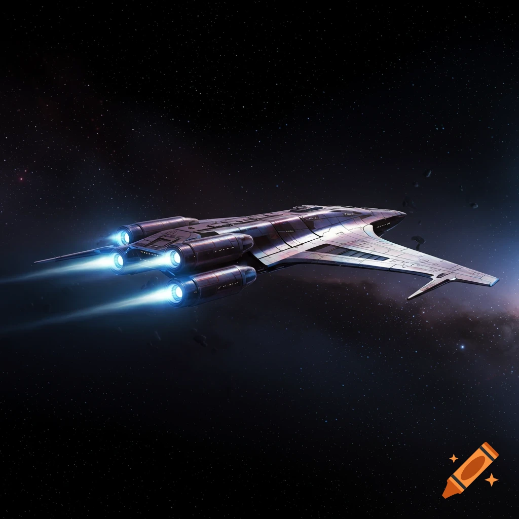 A sleek, metallic spaceship with glowing blue engines flies through a star-filled galaxy.