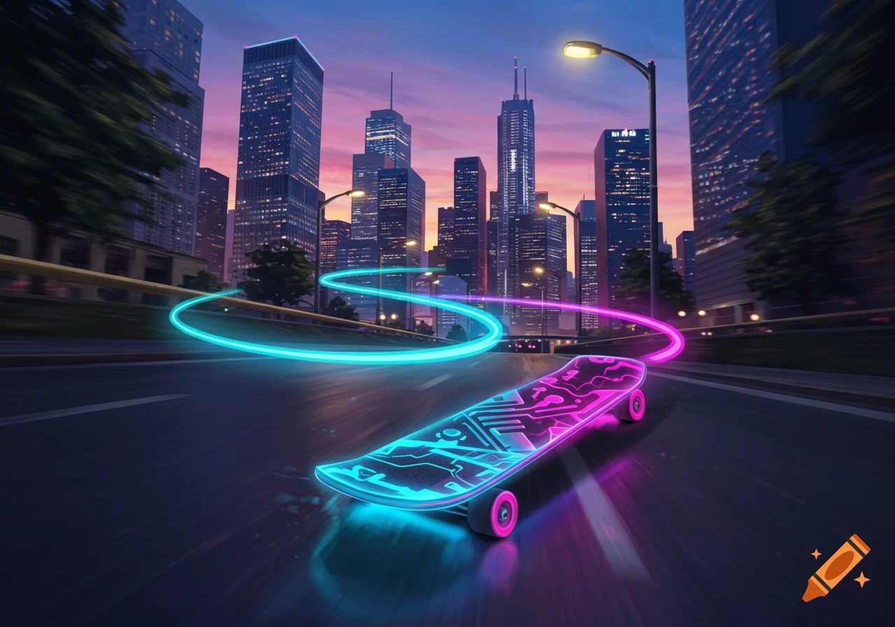 A vibrant neon skateboard with circuit patterns on a city street at dusk, leaving glowing blue and pink light trails.