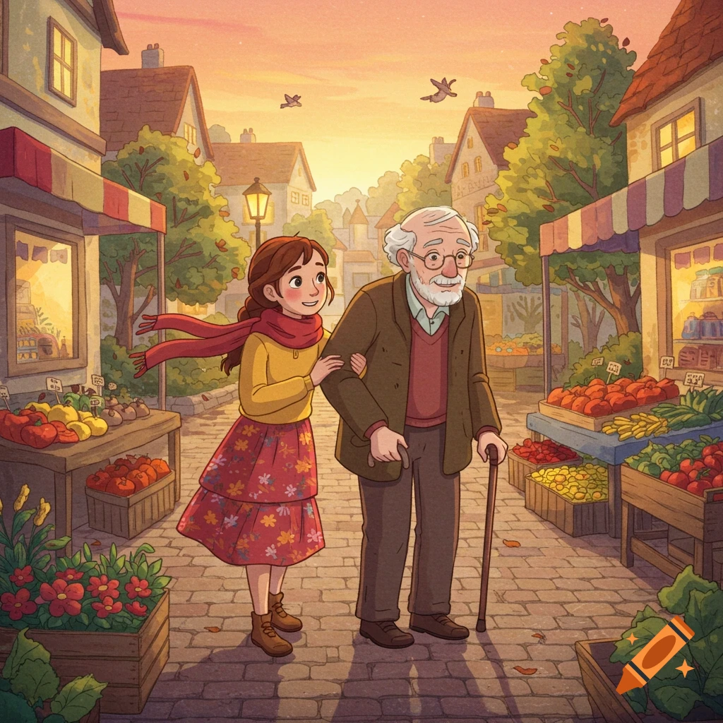 Illustration of a young girl helping an old man with a cane walk through a bustling outdoor market at sunset.