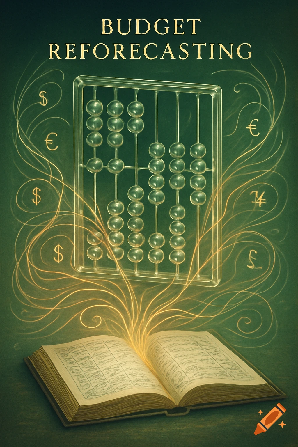 Conceptual image of an abacus above an open book with glowing lines connecting them, surrounded by currency symbols on a dark green background, featuring 'BUDGET REFORECASTING'.