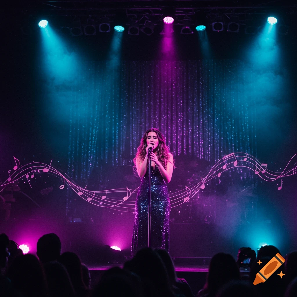 A woman in a sparkling dress sings into a microphone on a stage with blue and purple spotlights, musical notes in the background, and a silhouetted audience.