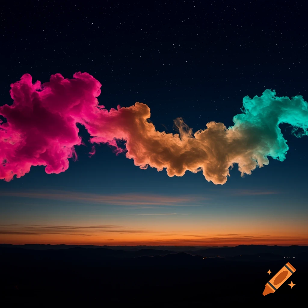 Vibrant pink, orange, and teal smoke drifts across a starry night sky above a warm sunset horizon over mountains.