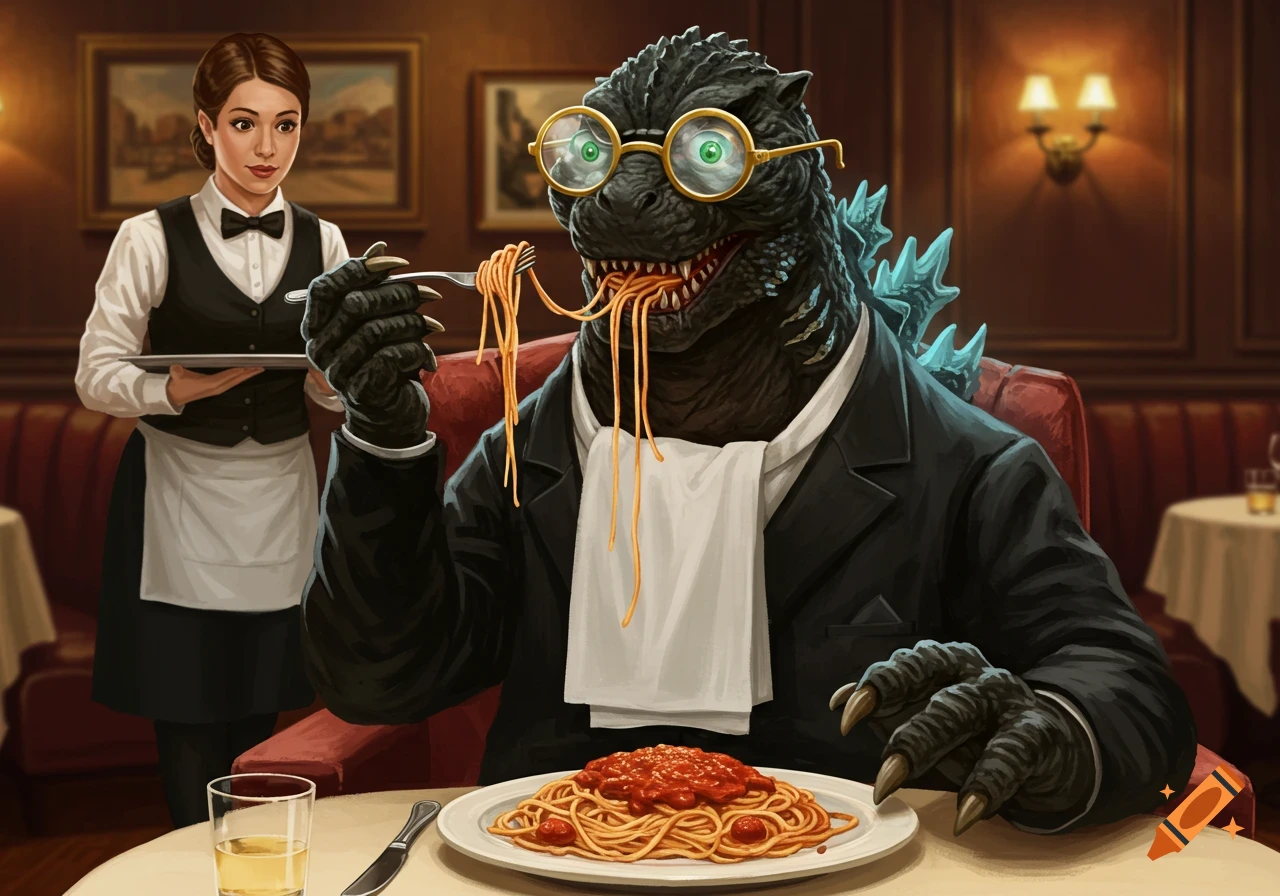 Godzilla in a suit and glasses eats spaghetti in a fancy restaurant, with a waitress looking on. Digital painting.