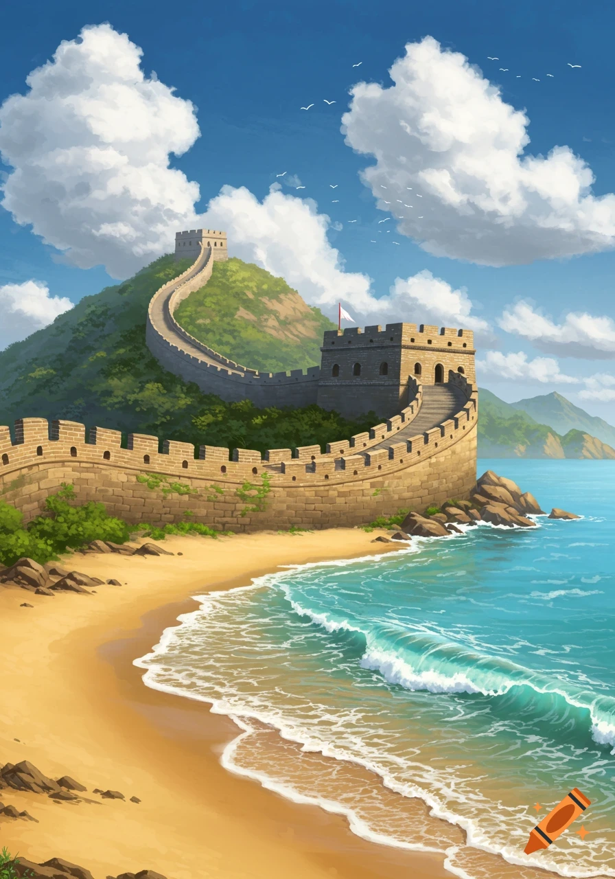 An illustrative painting of the Great Wall of China extending along a sandy beach and into the ocean, with green hills and white clouds under a blue sky.