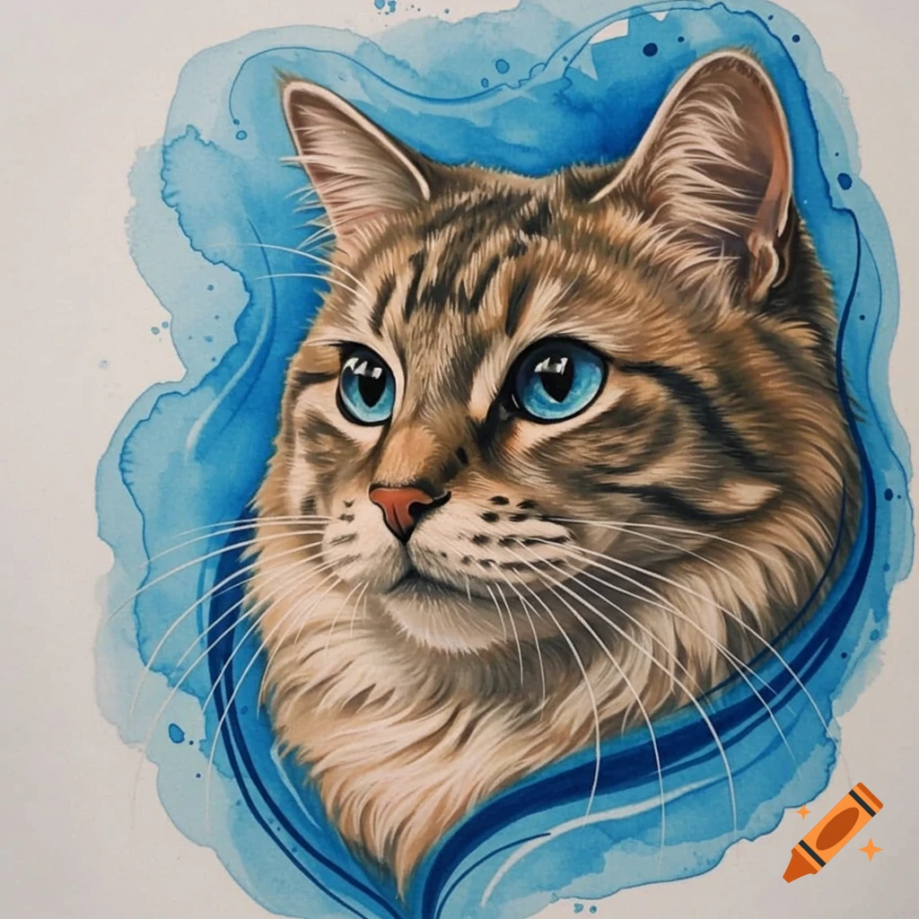 Watercolor portrait of a brown tabby cat with bright blue eyes, set against a vibrant blue watercolor splash.