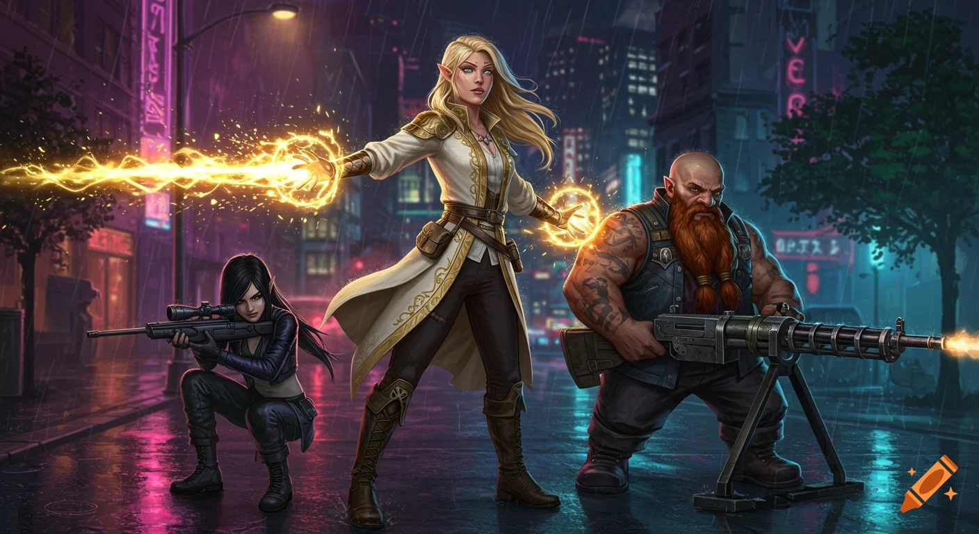 A blonde female elf casts golden magic, a dark-haired female elf aims a sniper rifle, and a bearded dwarf wields a gatling gun in a rainy cyberpunk city.