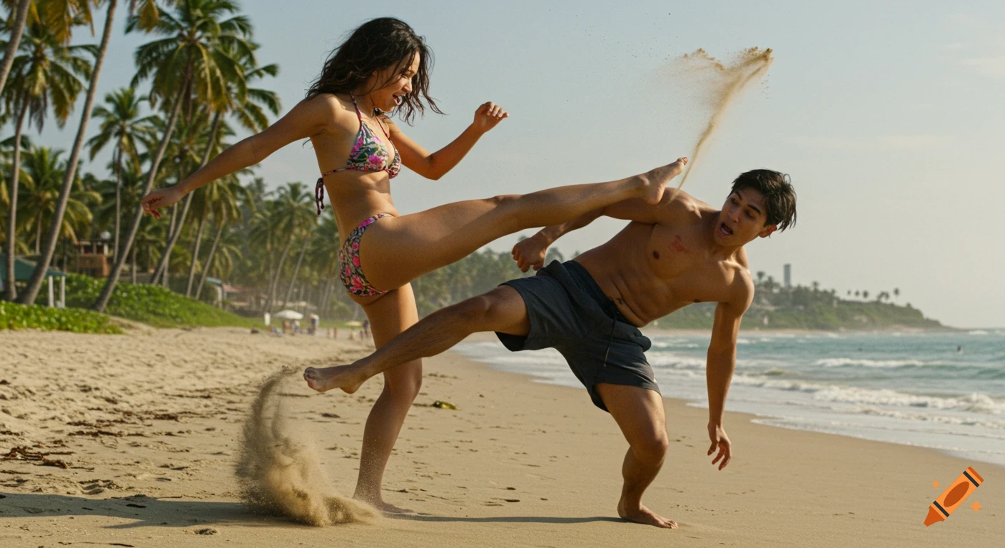 A woman in a patterned bikini kicks a man on a sunny beach, sand flying. Palm trees and ocean are in the background.