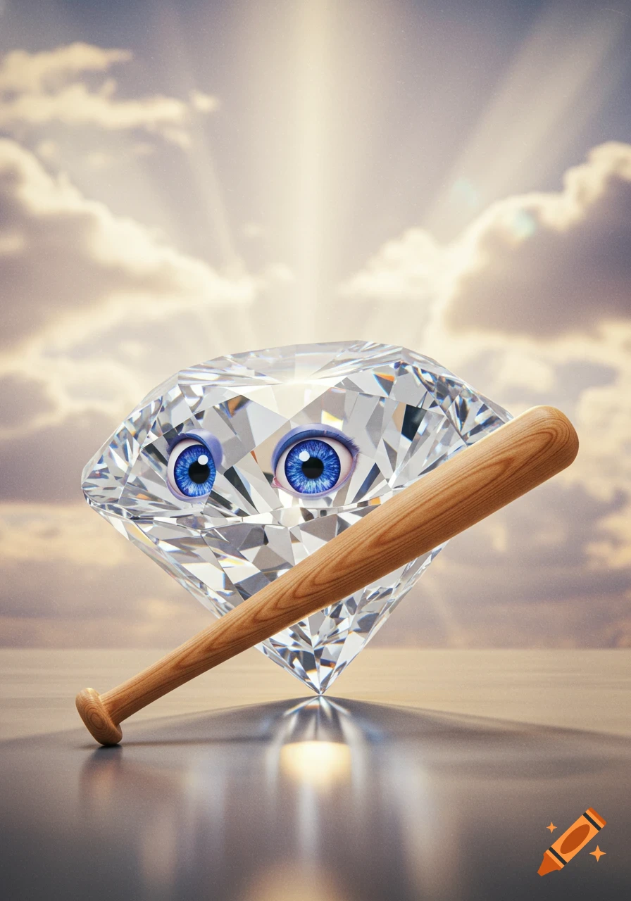 A shiny diamond with large blue eyes leans against a wooden baseball bat, set against a cloudy sky with sun rays.