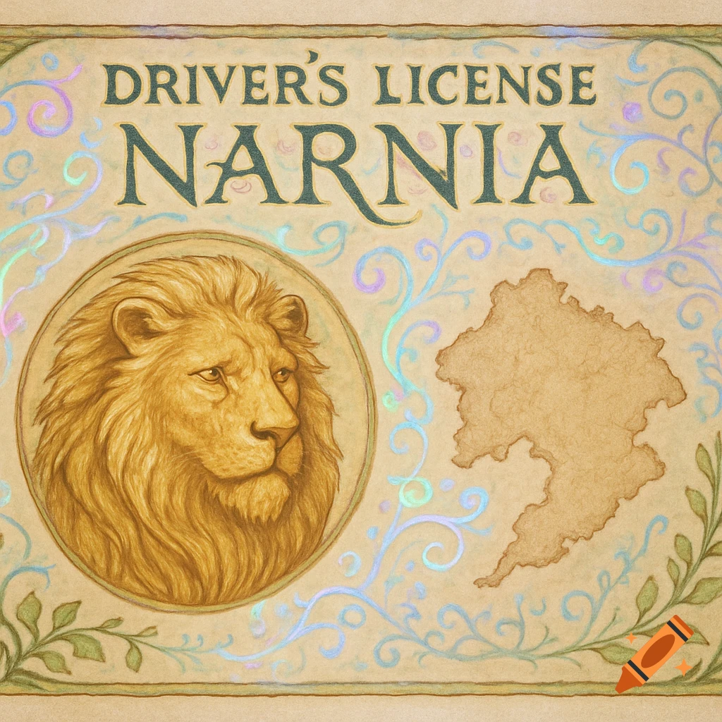 A whimsical, illustrated Narnia driver's license with a golden lion's head and a map on a textured background.