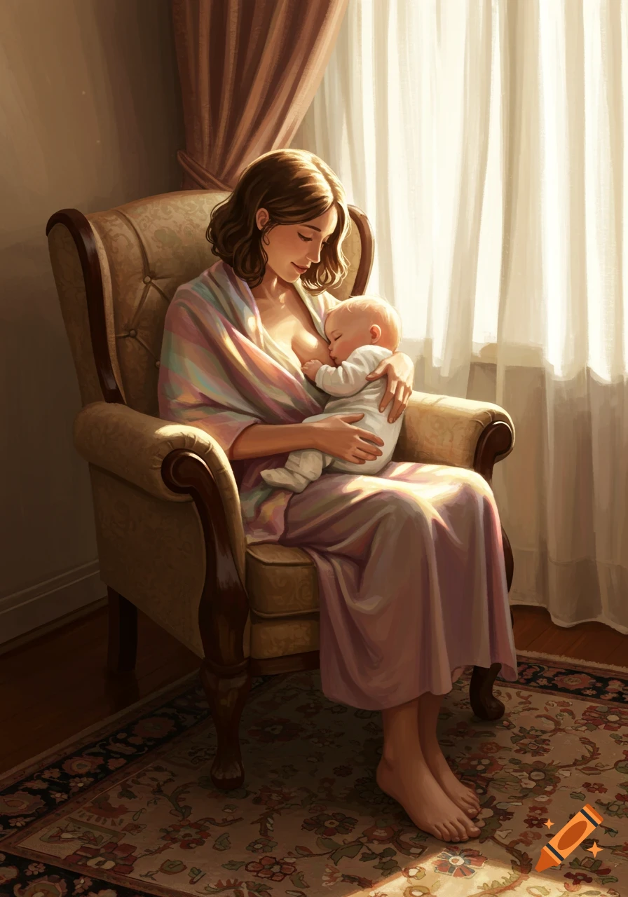 Digital painting of a mother in a colorful robe breastfeeding her baby in a sunlit armchair.