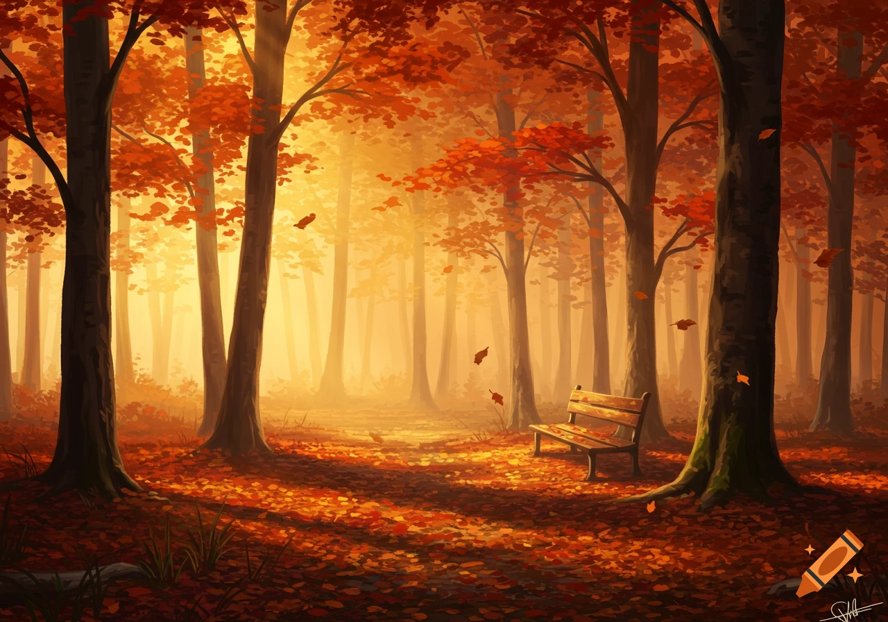 Warm light filters through an autumn forest with orange and red leaves, a path covered in foliage, and a wooden bench on the right.