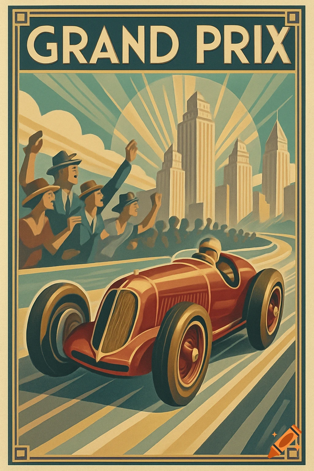 Art Deco vintage poster of a red Grand Prix race car with a driver, speeding past a cheering crowd and city skyscrapers.