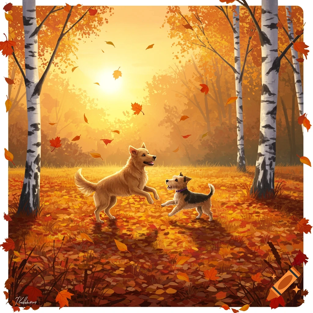 Two dogs play joyfully among falling autumn leaves in a sun-drenched forest with birch trees, digital art style.