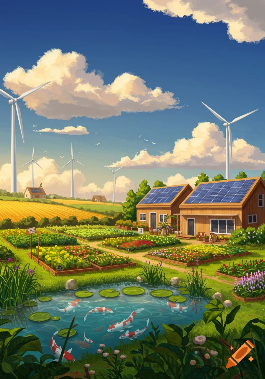 A lush, vibrant sustainable farm scene with solar-paneled houses, wind turbines, colorful garden beds, and a pond with koi fish under a blue sky.