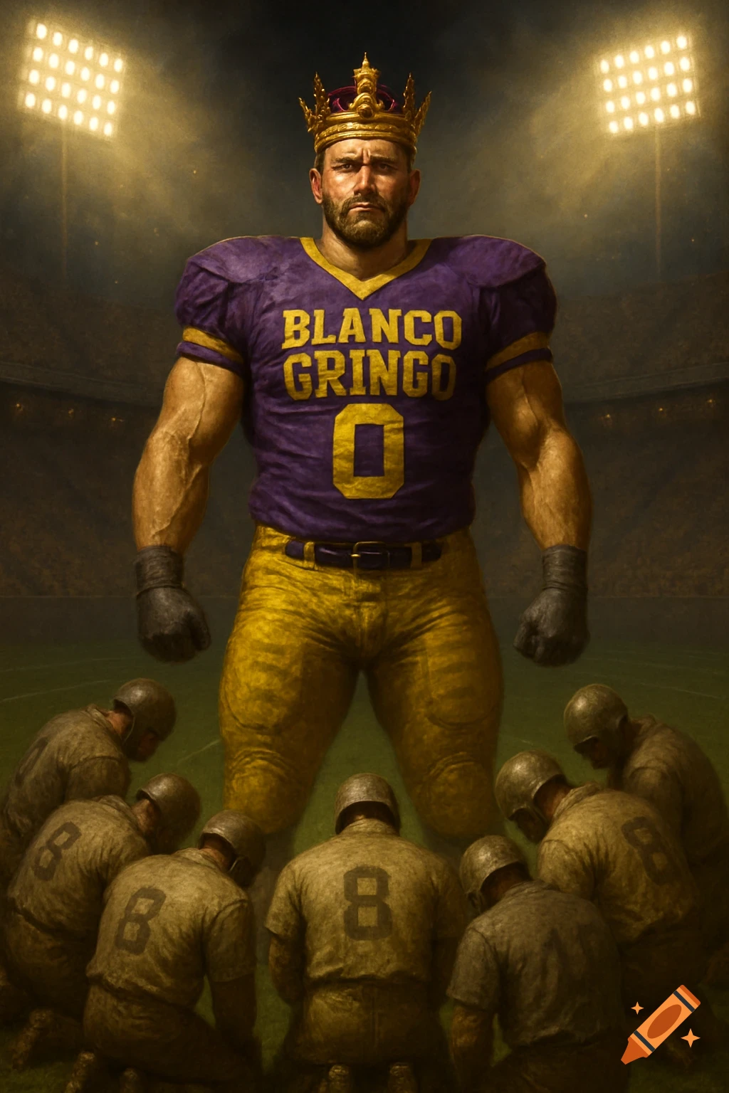 A giant American football player king with a crown and 'BLANCO GRINGO O' on his purple and gold jersey stands dominantly in a stadium as other players bow before him.