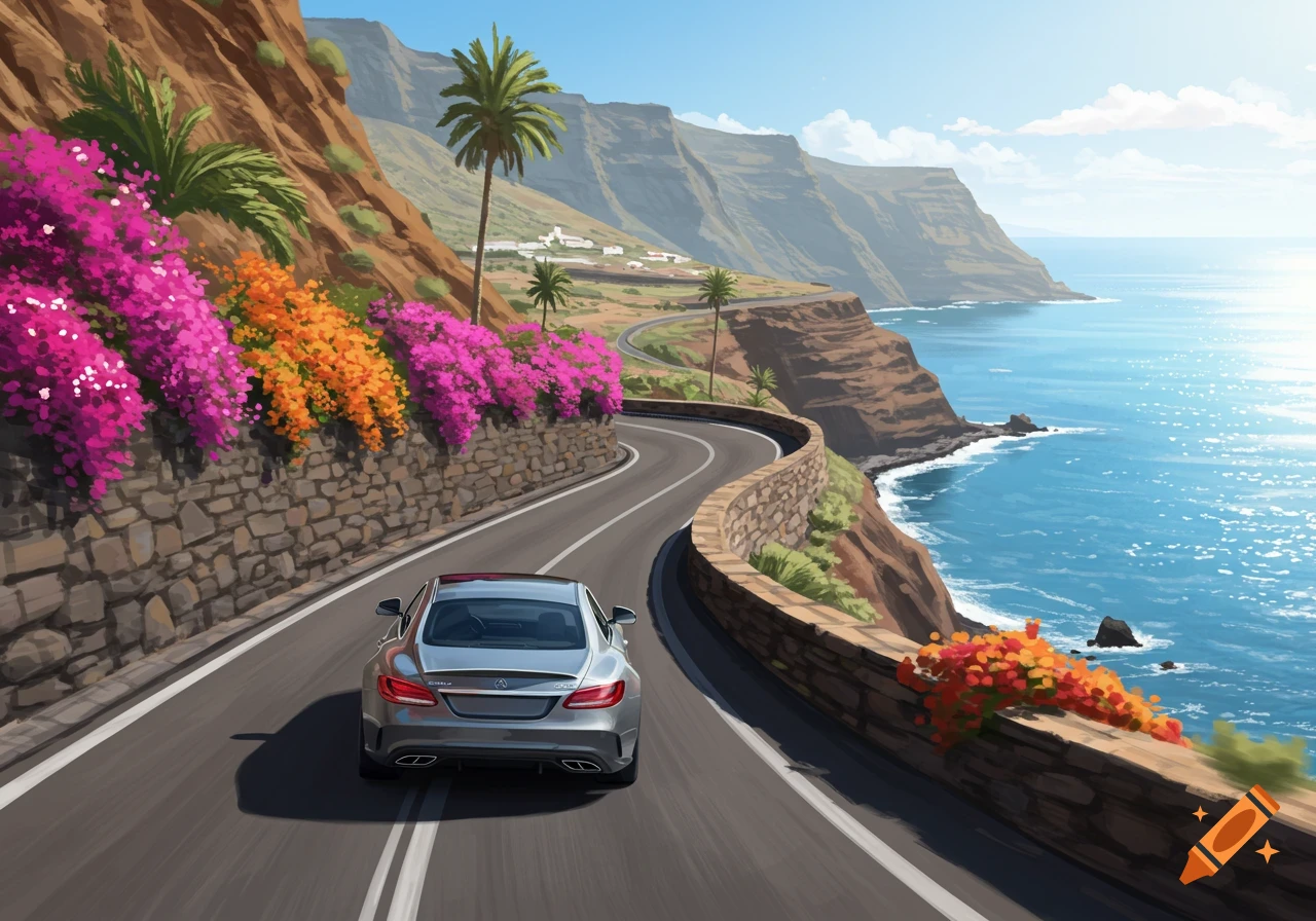 Silver Mercedes-Benz on a winding coastal road with colorful flowers, palm trees, and blue ocean under a sunny sky, digital art.