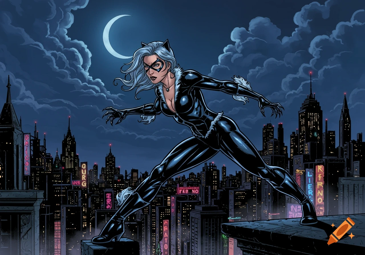 Comic art of a Black Cat-inspired female vigilante in a black suit, crouching on a rooftop overlooking a neon-lit city at night under a crescent moon.
