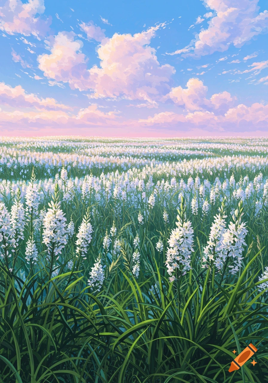 A vibrant, anime-style field of white asphodel-like flowers and green grass under a clear blue sky with pink clouds.