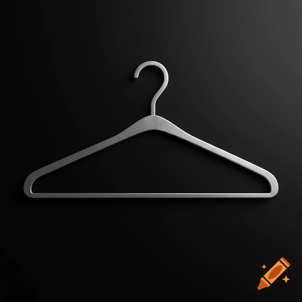 A minimalist silver metal coat hanger against a solid black background.
