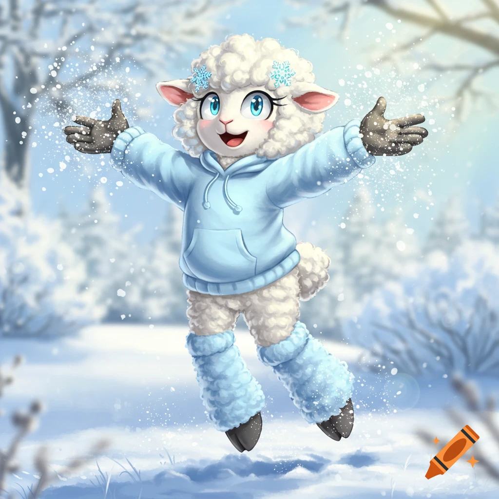 A cartoon white sheep character with blue eyes and snowflakes, wearing a blue hoodie and legwarmers, playing in the snow with arms open.