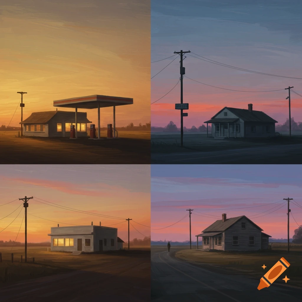 Four painterly illustrations of solitary buildings (gas station, houses) in desolate landscapes at sunset, in the style of Edward Hopper.