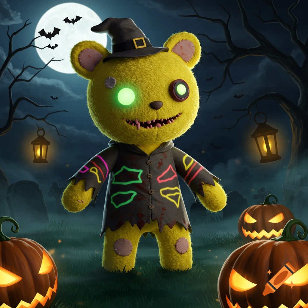 A yellow zombie teddy bear wearing a witch hat and torn clothes, with glowing green eyes and fangs, stands in a spooky graveyard with pumpkins, a full moon, and bats.