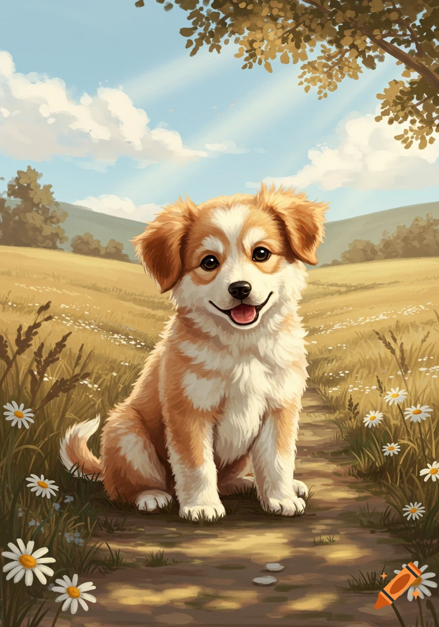 A fluffy, orange and white puppy sits on a dirt path in a sunny field with daisies, in an illustration style.