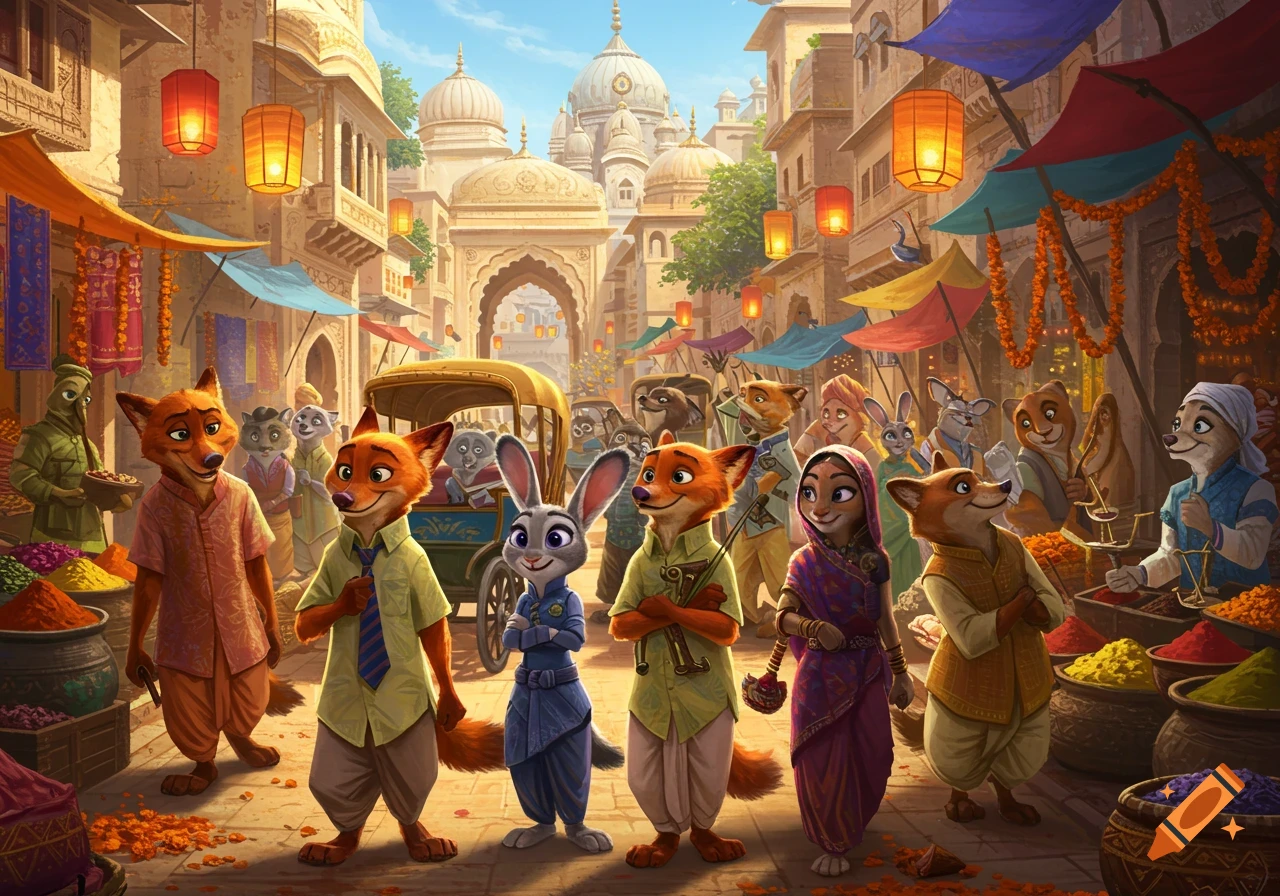 Zootopia characters, including foxes and Judy Hopps, explore a vibrant Indian market street with colorful stalls, spices, and ornate architecture.
