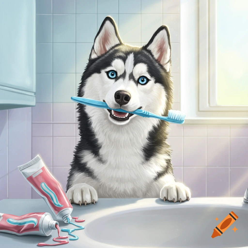 Illustrated husky dog holding a blue toothbrush at a bathroom sink with squeezed toothpaste.