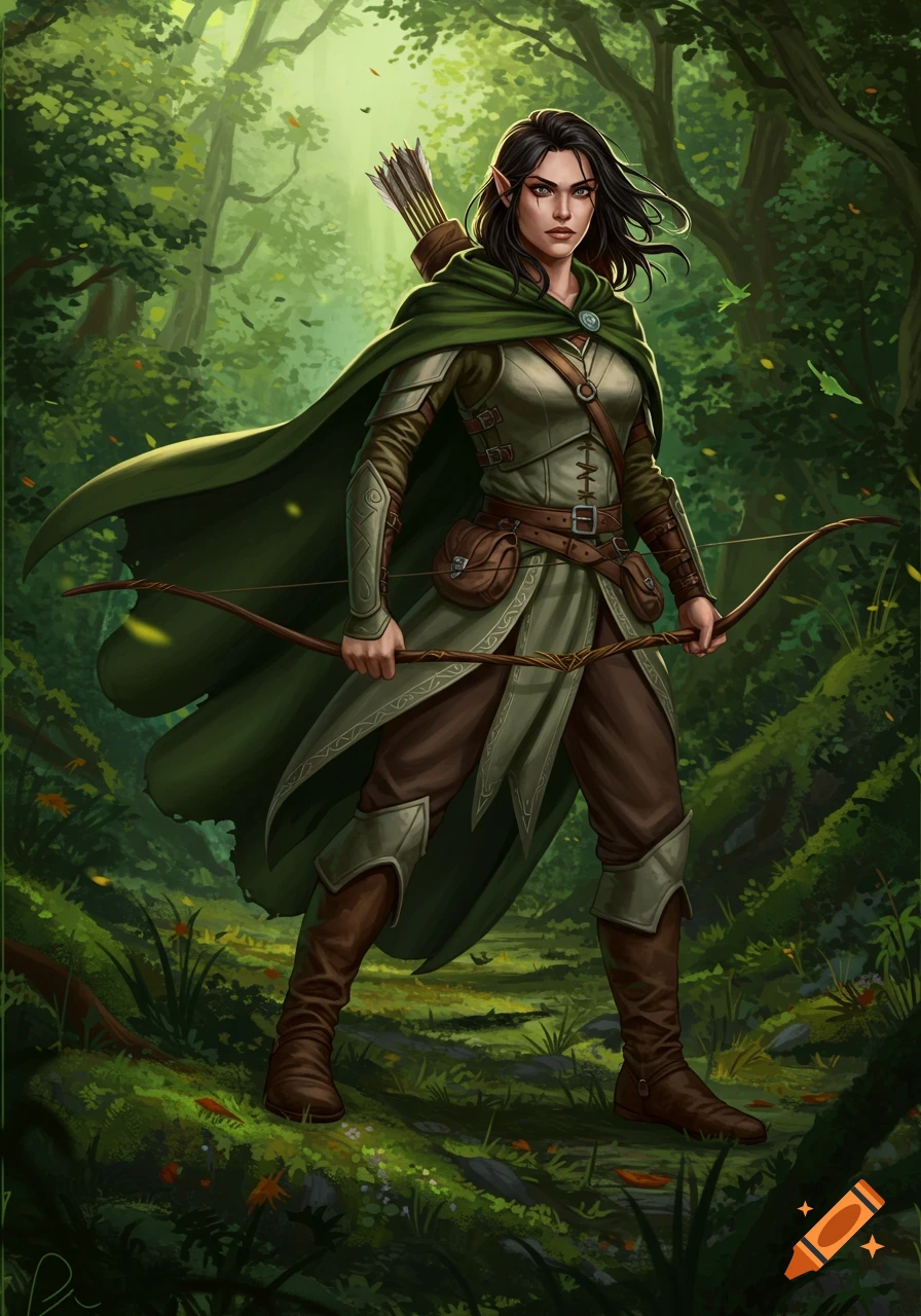 A female fantasy ranger with dark hair, pointed ears, wearing green and brown armor and a cloak, stands in a lush forest holding a bow.