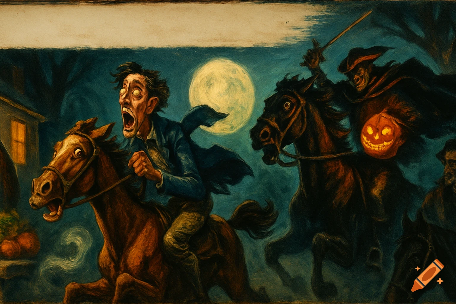 A terrified Ichabod Crane on horseback flees the Headless Horseman, who carries a glowing pumpkin, under a full moon in a vintage pulp art style.