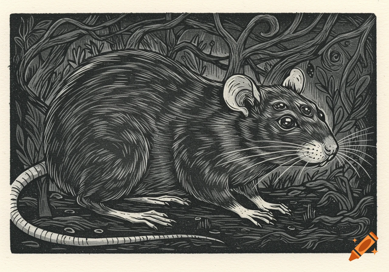 A stylized linocut illustration of a three-eyed rat in a dark, tangled forest.