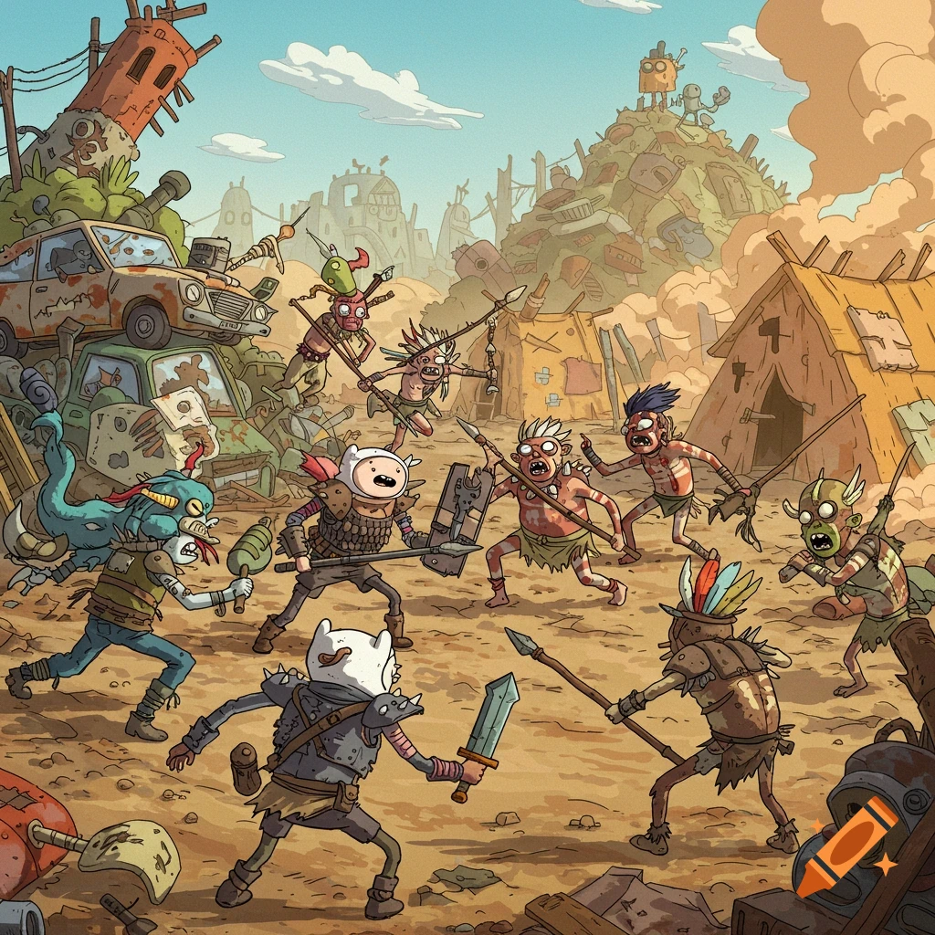 A cartoonish scene in Adventure Time style, showing Finn and other post-apocalyptic raiders fighting in a derelict junkyard.