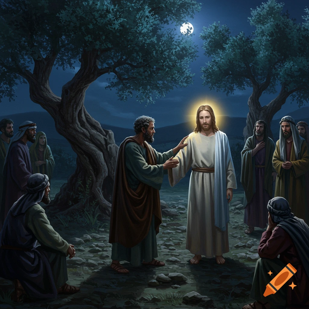 Jesus with a halo stands among disciples in a dark, moonlit garden, as one man touches his shoulder.