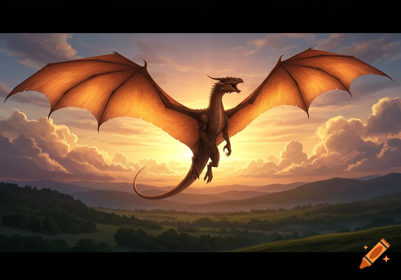 A majestic brown dragon with large wings flies across a vibrant sunset sky over rolling green hills and distant mountains.