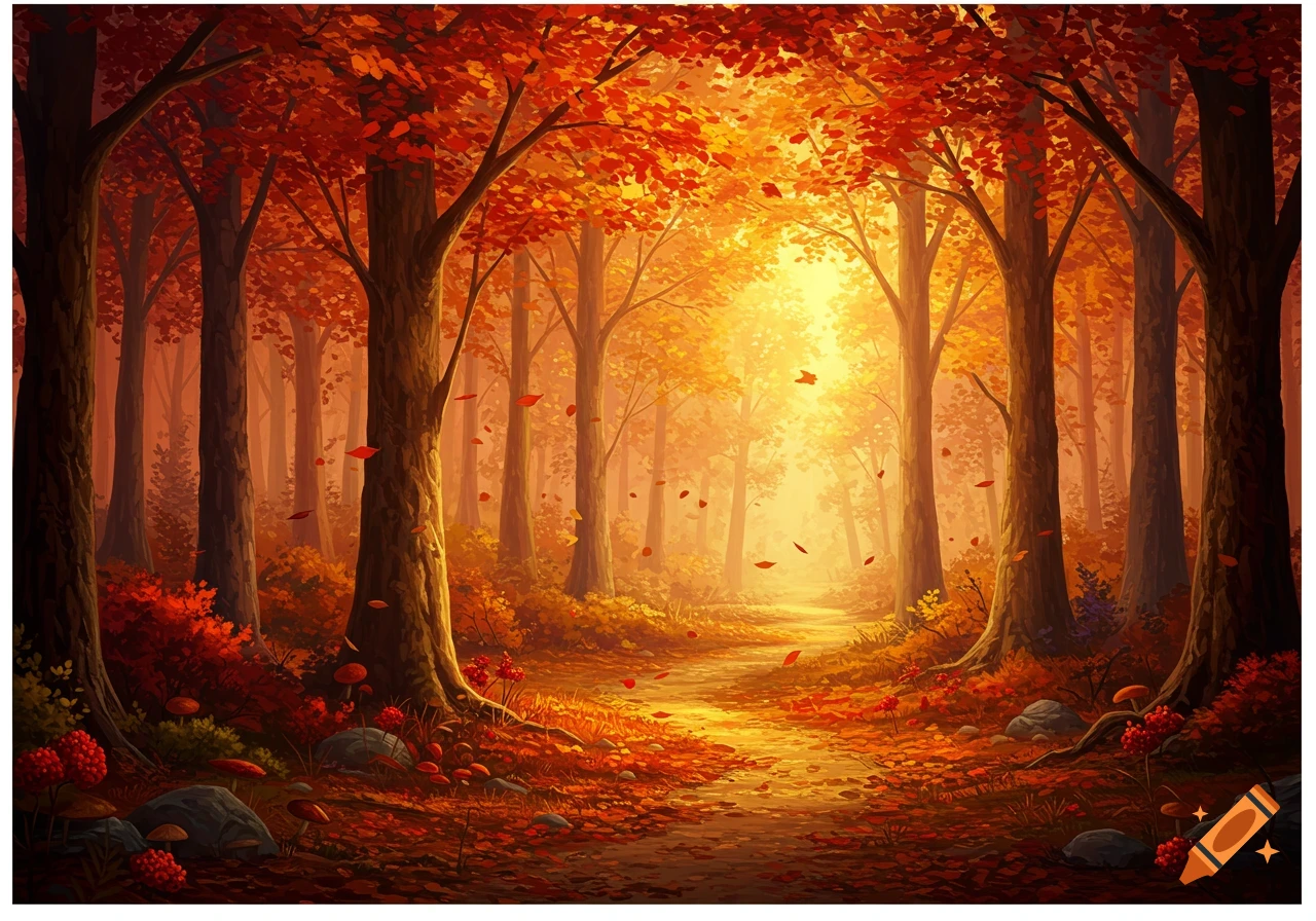 Vibrant illustrated autumn forest with a sunlit path and falling red leaves.