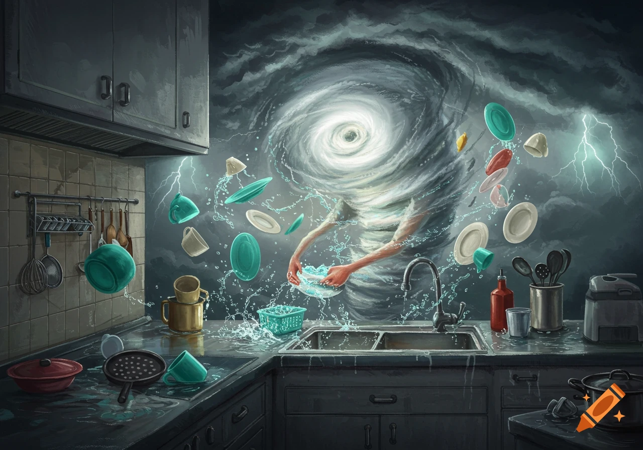 A surreal illustration of a kitchen where a hurricane-like water vortex with human arms washes dishes, surrounded by flying crockery and lightning.