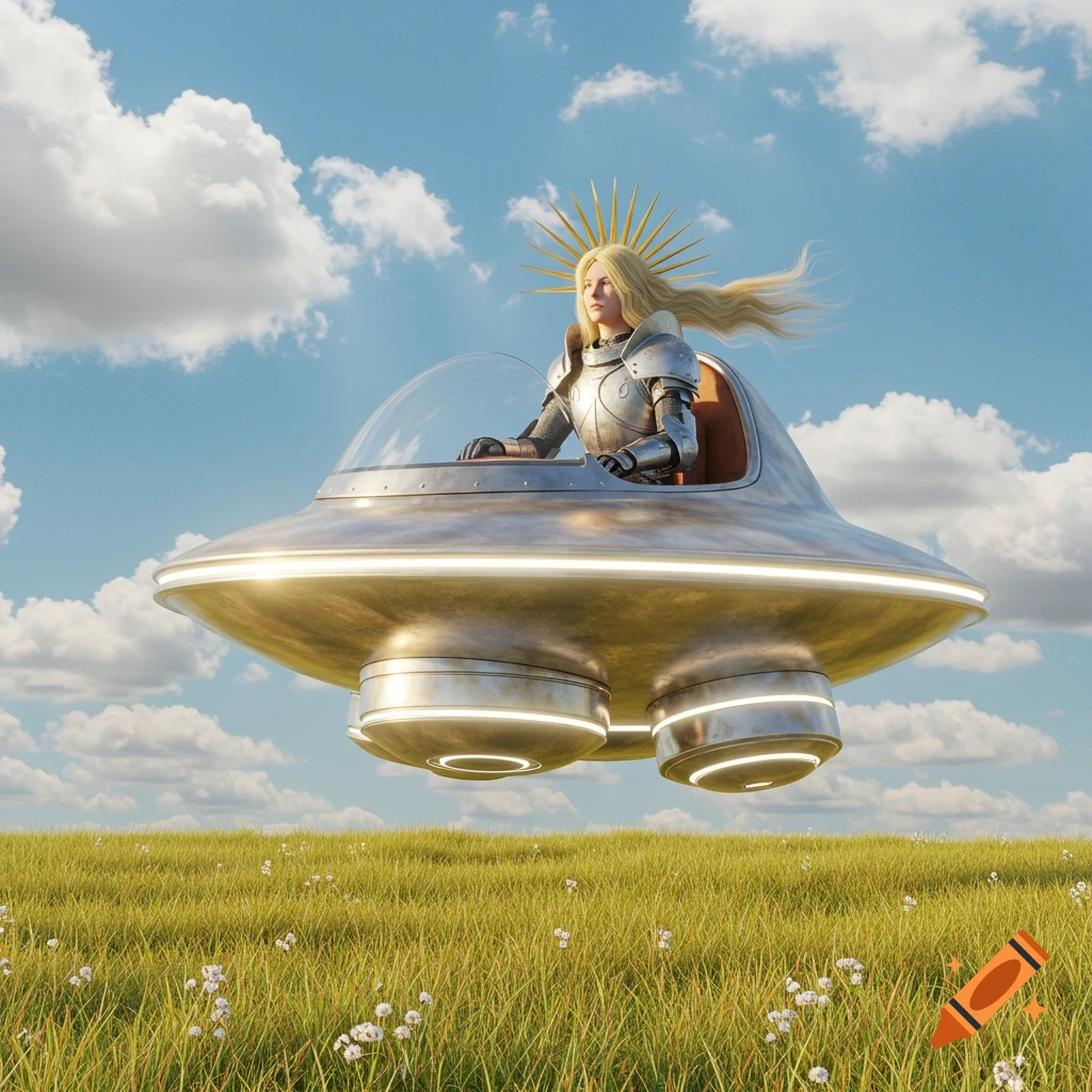 A blonde knight in armor and a spiky halo pilots a silver UFO flying low over a green field with white flowers.