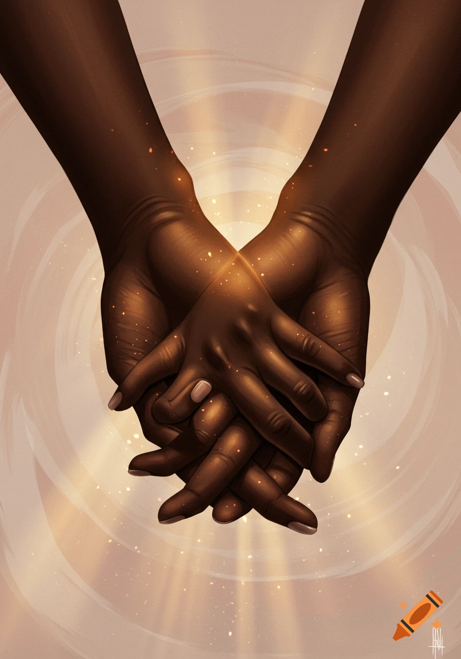 Two dark-skinned hands holding each other, surrounded by a warm golden glow with light particles, digital illustration.