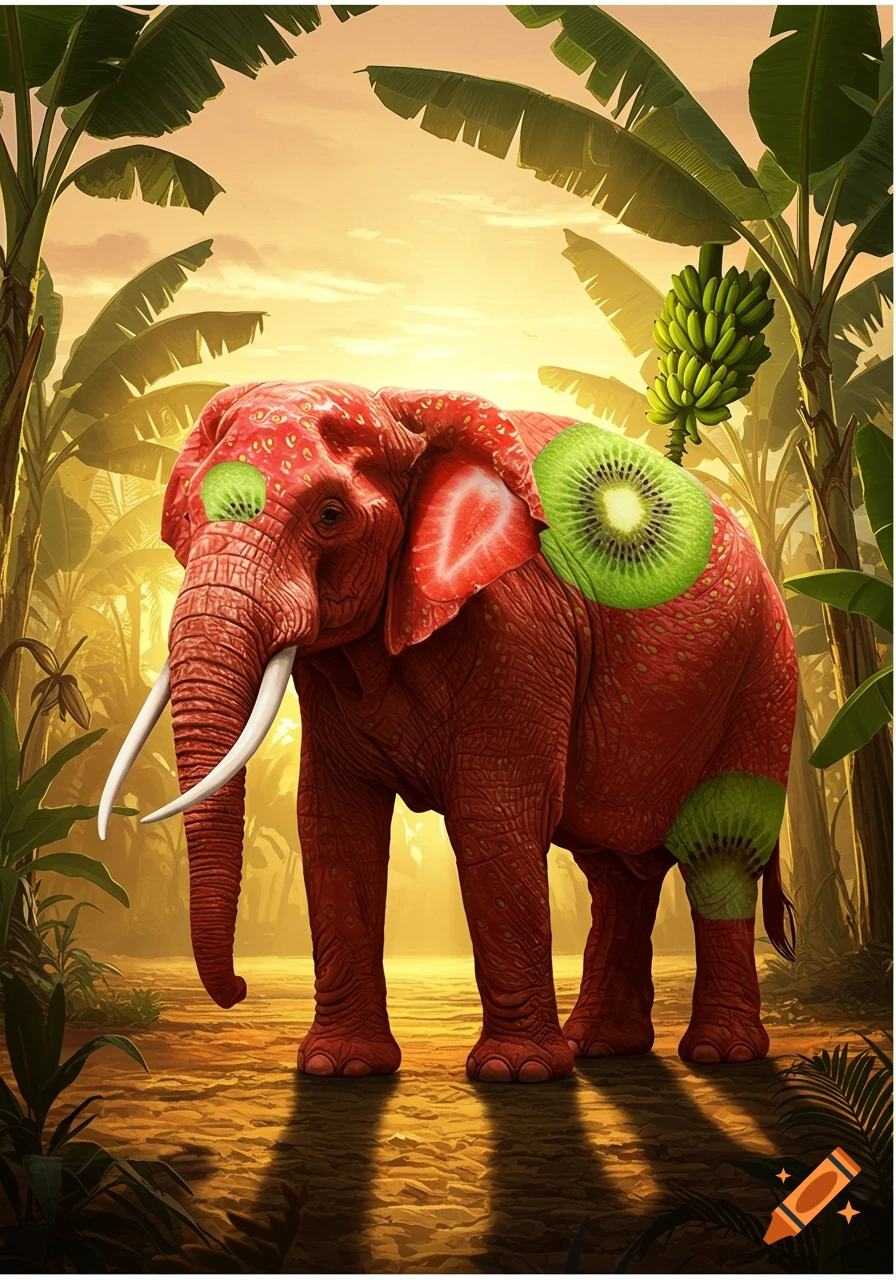 A red elephant, textured like a strawberry with kiwi slices, stands in a golden-lit jungle with banana trees.