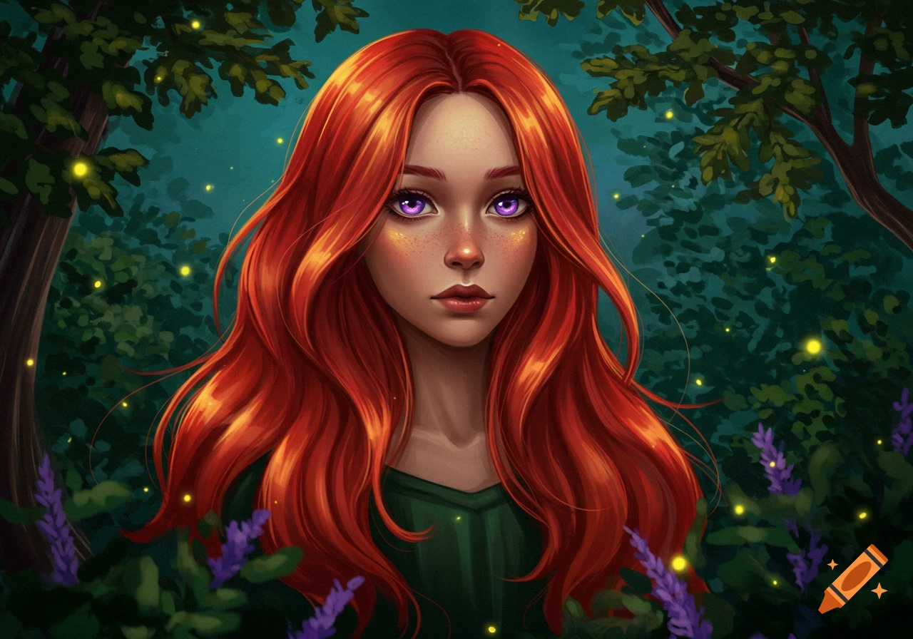 A stylized illustration of a girl with long fiery red hair and striking purple eyes, surrounded by glowing fireflies in a dark, magical forest.