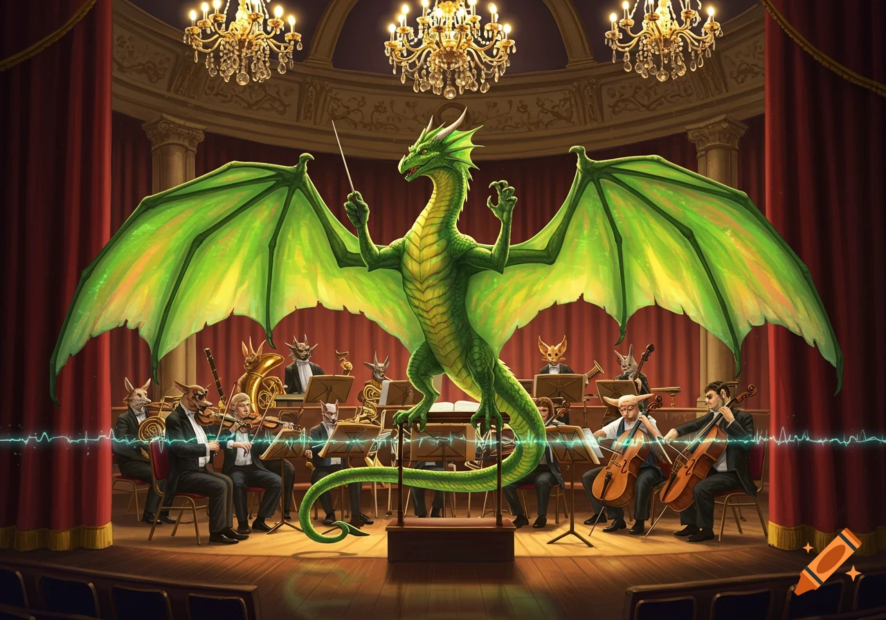 A large green dragon conducts an orchestra of various anthropomorphic animal musicians on a grand stage with chandeliers and red curtains.
