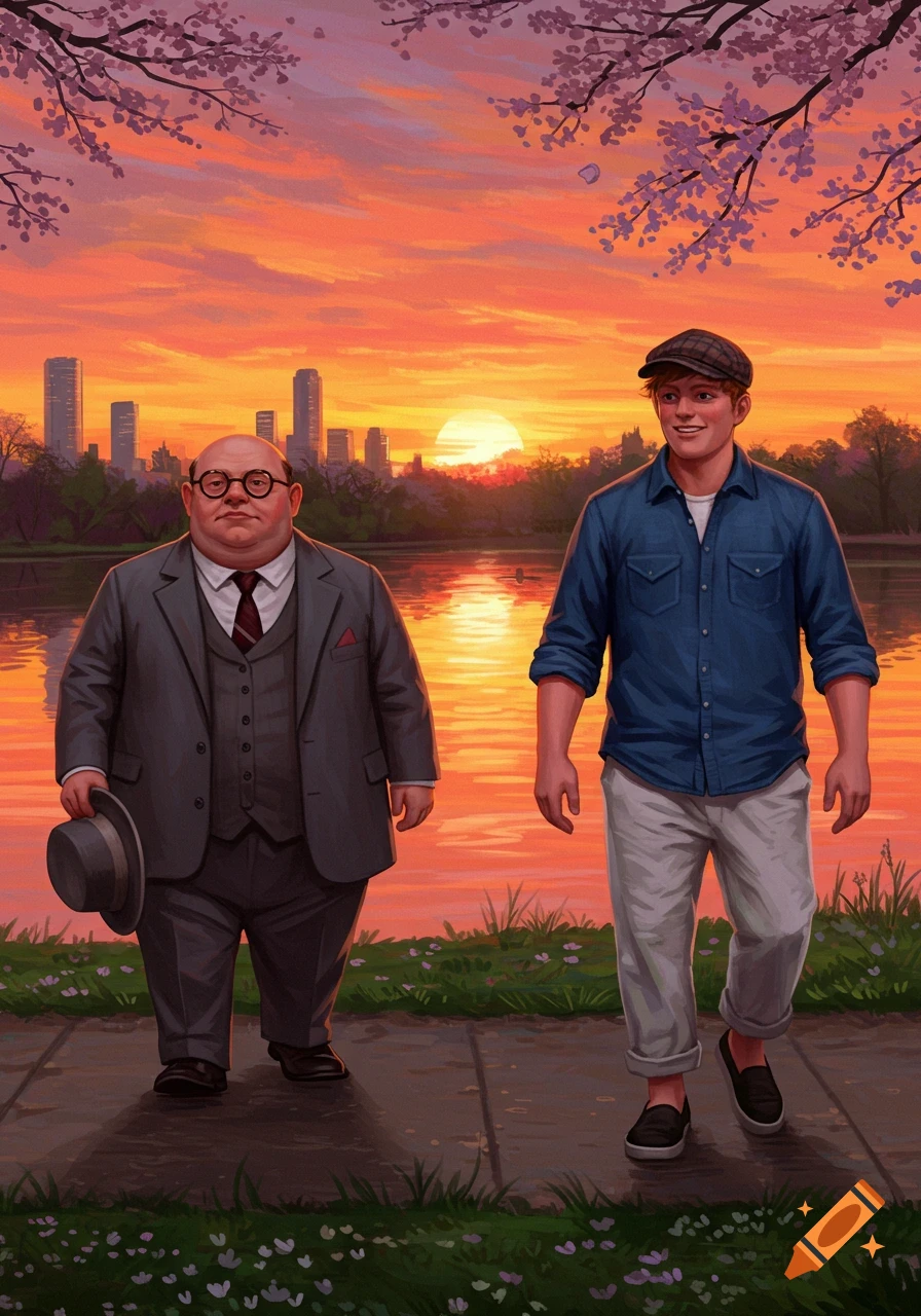 Illustration of two men walking on a path by a lake during a vibrant spring sunset, cityscape behind them.