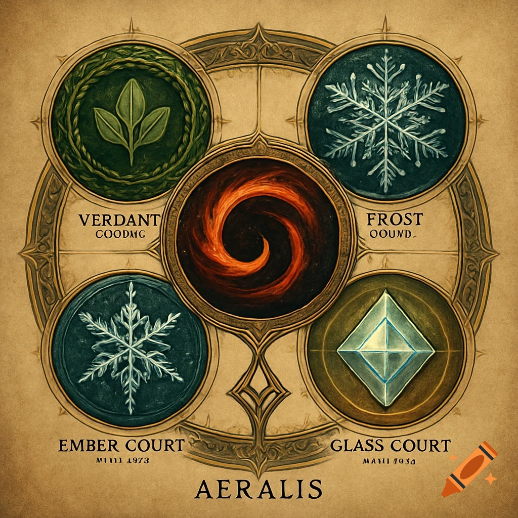 A stylized map with five circular sigils: Verdant (leaves), Frost (snowflake), Ember (flame spiral), Glass (diamond), and a central symbol. Text labels courts and "AERALIS" on a parchment background.
